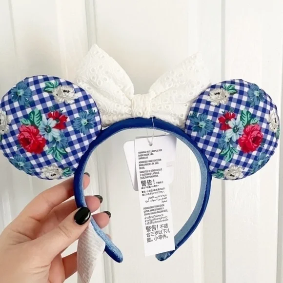 NWT Disney Parks Minnie Mouse Ears Floral Gingham Cottage Headband With Bow - Picture 2 of 3